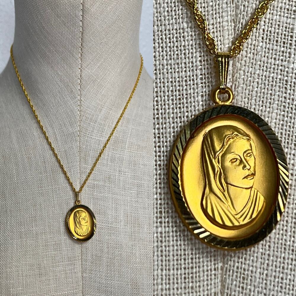 Vintage Virgin Mary Pendant Necklace Marked Germany Gold Tone